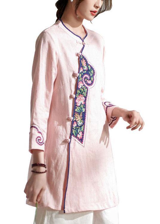 Handmade Pink Button Embroideried Summer Linen Blouses