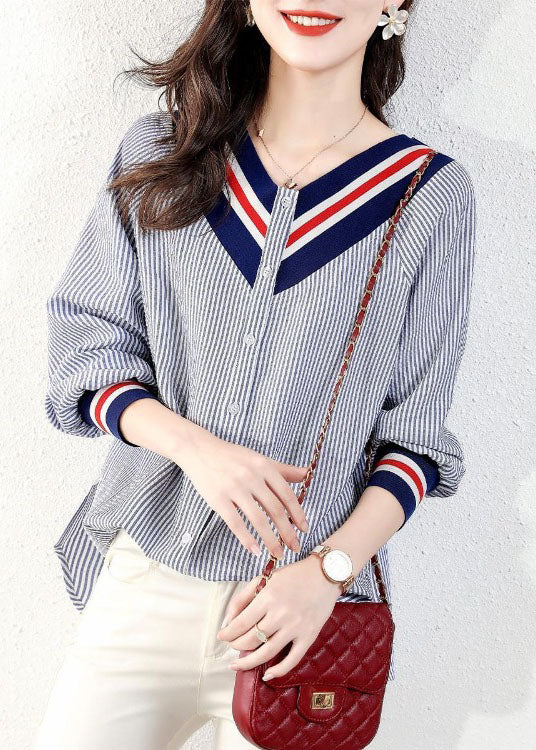 Handmade Pink V Neck Striped Cotton Blouses Spring