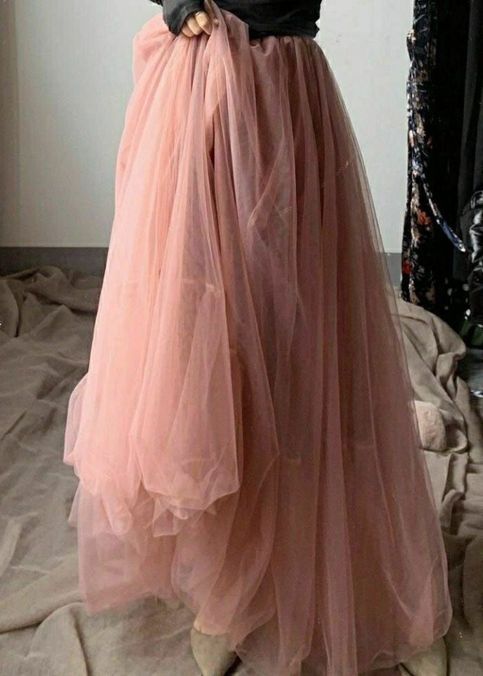 Handmade Pink Wrinkled High Waist Tulle Skirts Spring