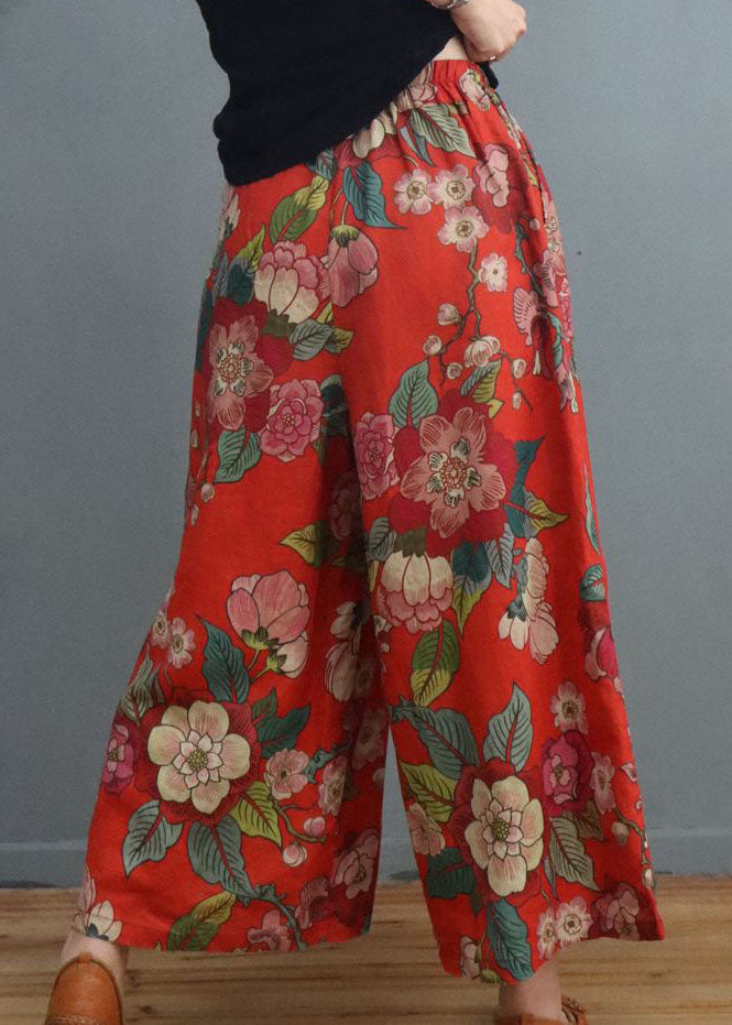 Handmade Red Print Linen wide leg pants Spring