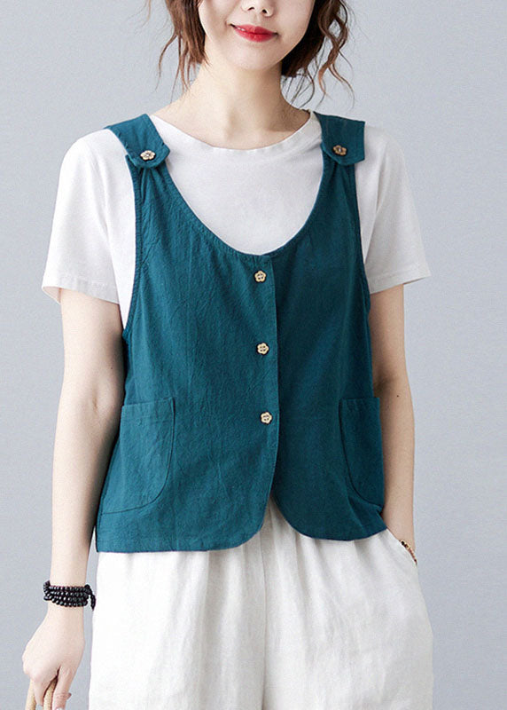 Handmade Sky Blue Button Pockets Solid Color Linen Vests Sleeveless