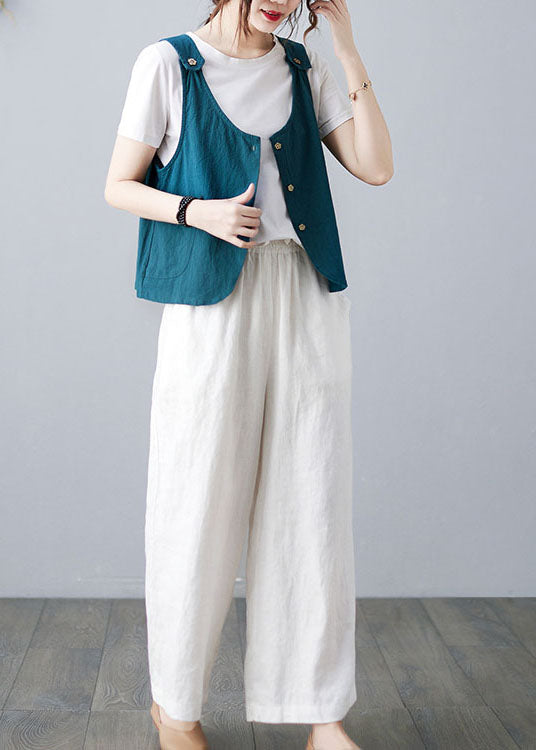 Handmade Sky Blue Button Pockets Solid Color Linen Vests Sleeveless