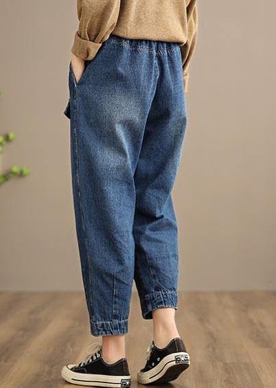 Handmade Spring Casual Pants Oversize Denim Blue-Pocket Photography Elastic Waist Trousers