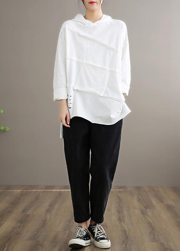 Handmade White Blouses For Women Hooded Patchwork Daily Spring Tops