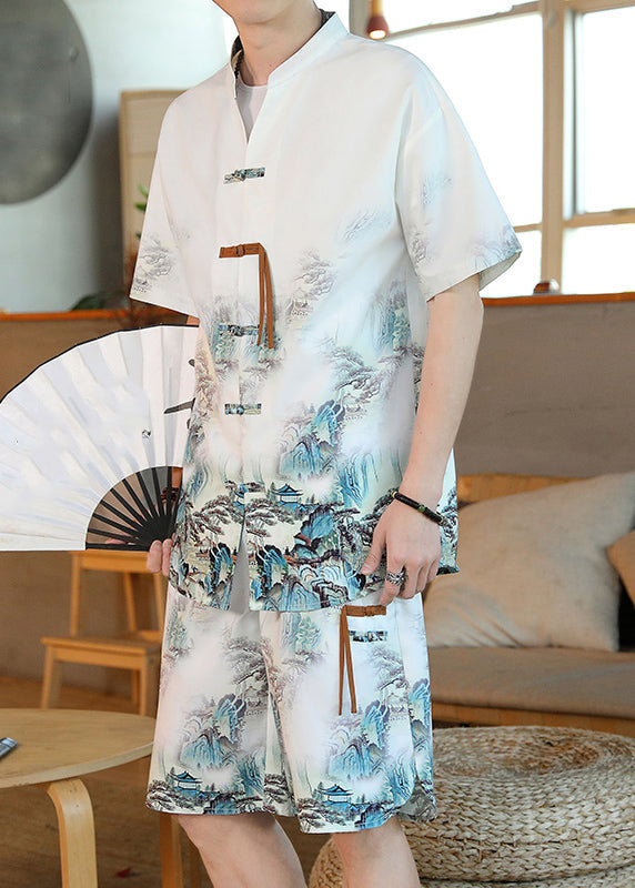 Handmade White Print Button Men Shirt And Shorts Two Pieces Set Summer