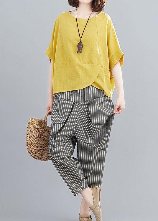 Handmade Yellow O-Neck  Two-Piece Set Summer Cotton Linen