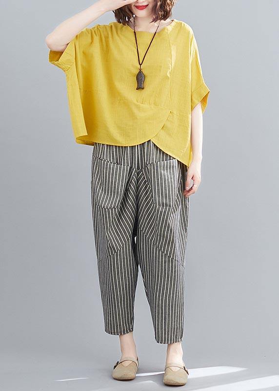 Handmade Yellow O-Neck  Two-Piece Set Summer Cotton Linen