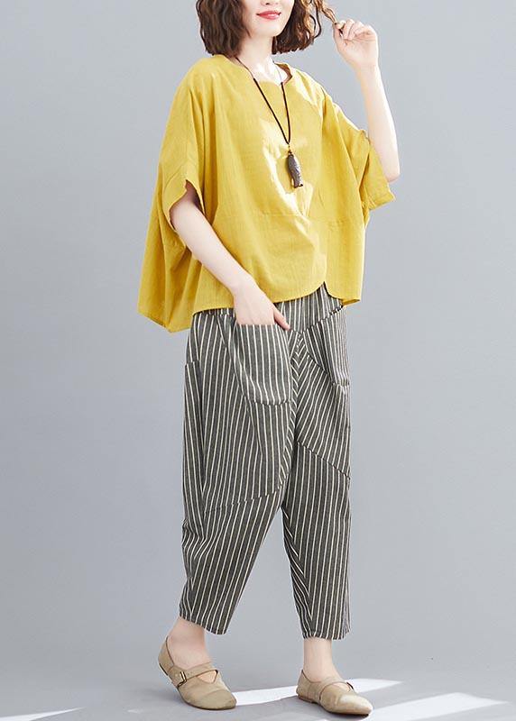 Handmade Yellow O-Neck  Two-Piece Set Summer Cotton Linen