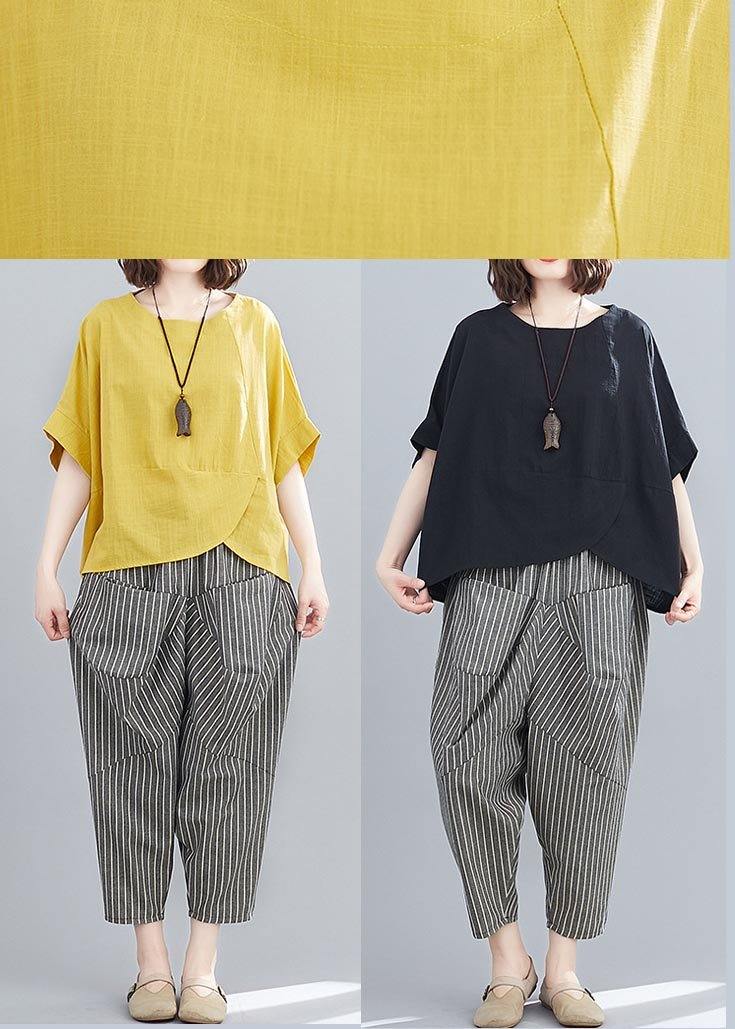 Handmade Yellow O-Neck  Two-Piece Set Summer Cotton Linen