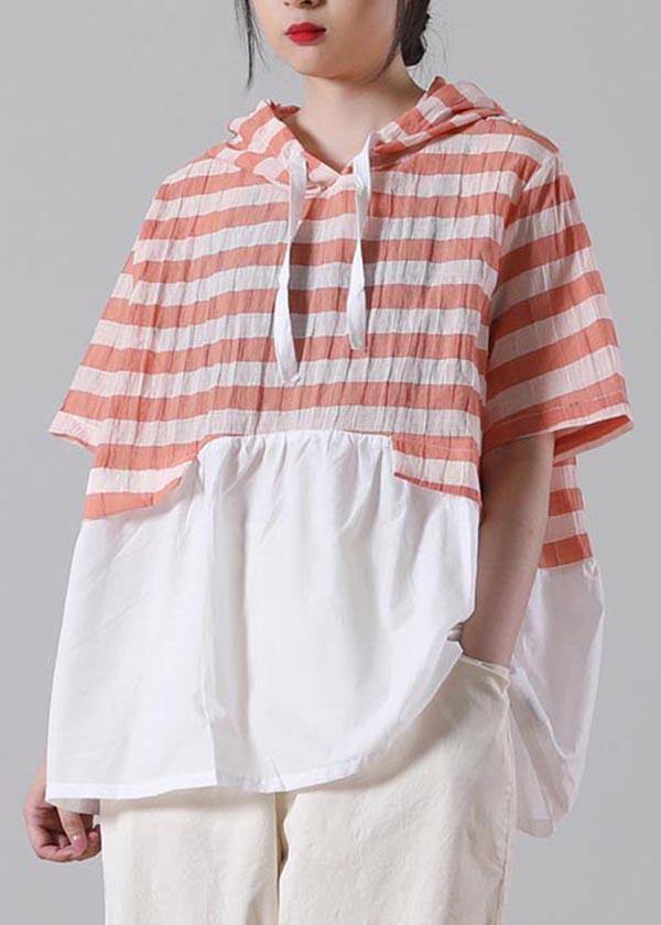 Handmade Yellow Striped hooded Cotton Linen Summer Shirts