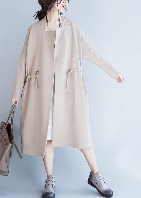 Handmade beige Fashion tunic coats design Notched drawstring fall women coats