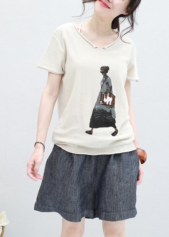 Handmade beige v neck cotton clothes For Women tunic Cartoon print shirt