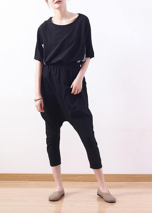 Handmade black o neck cotton tunics for women short sleeve tunic summer shirts