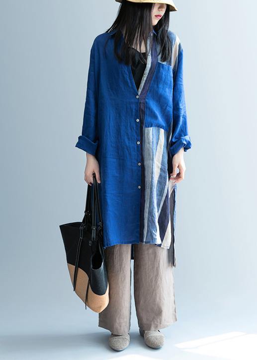 Handmade blue patchwork striped lapel Dress