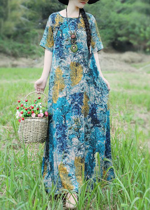 Handmade blue yellow floral cotton linen Outfits o neck Maxi Summer Dress