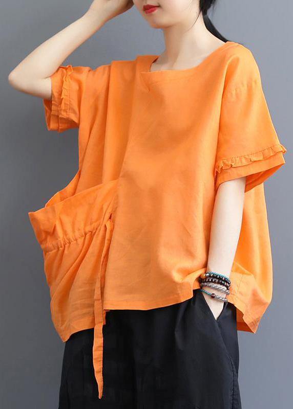 Handmade cotton clothes fine Single Big Pocket Lacing Solid Color T-Shirt