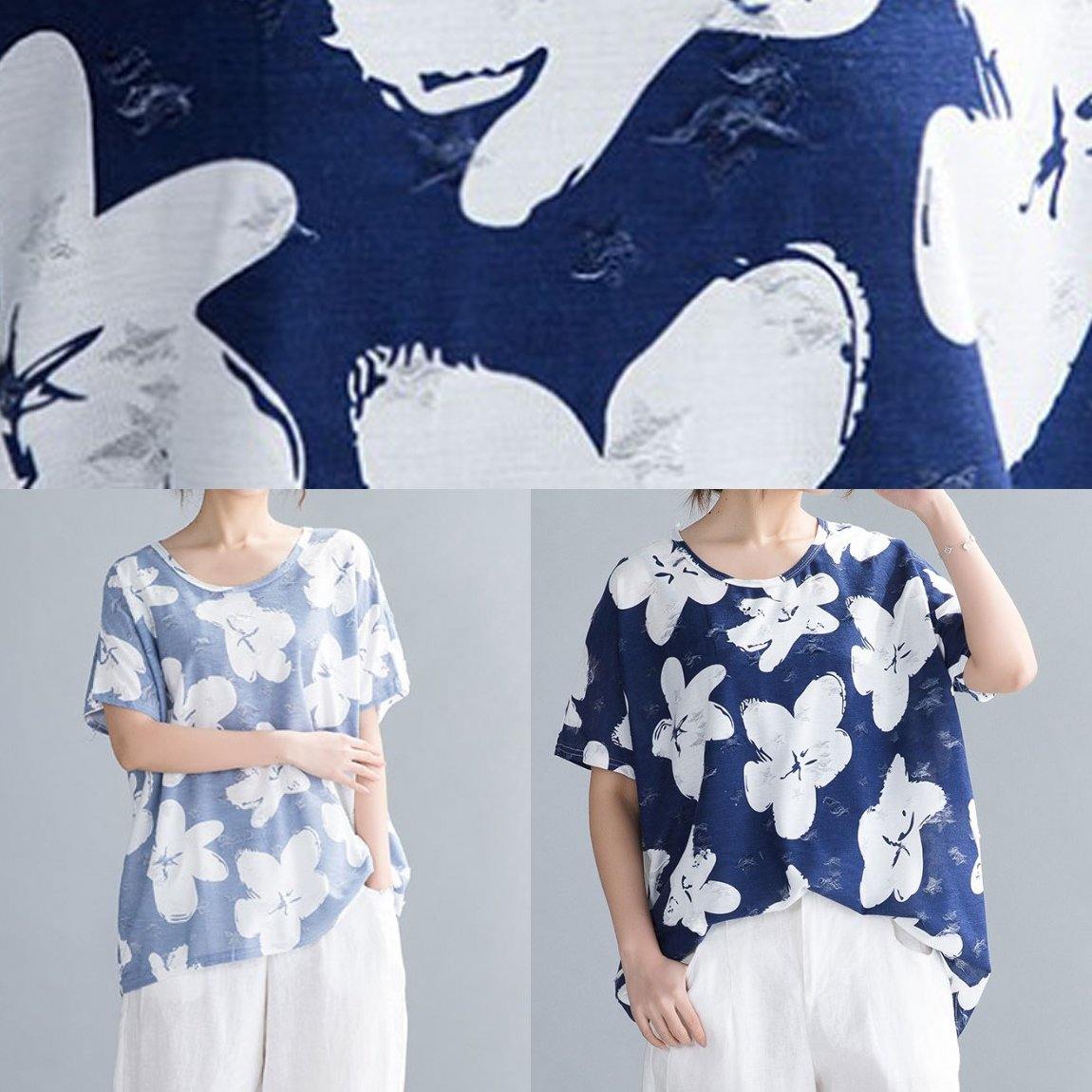 Handmade dark blue print clothes o neck blouses