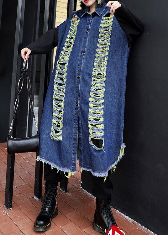 Handmade denim blue patchwork sleeve fine coats women Photography Hollow Out fall coats