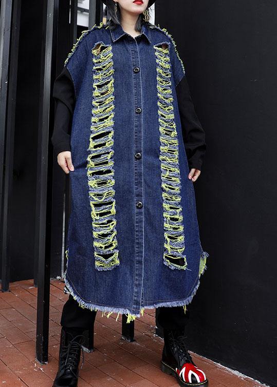 Handmade denim blue patchwork sleeve fine coats women Photography Hollow Out fall coats