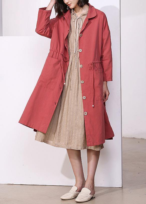 Handmade drawstring Plus Size lapel collar tunic coat red oversized outwear