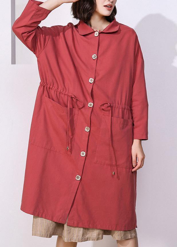 Handmade drawstring Plus Size lapel collar tunic coat red oversized outwear