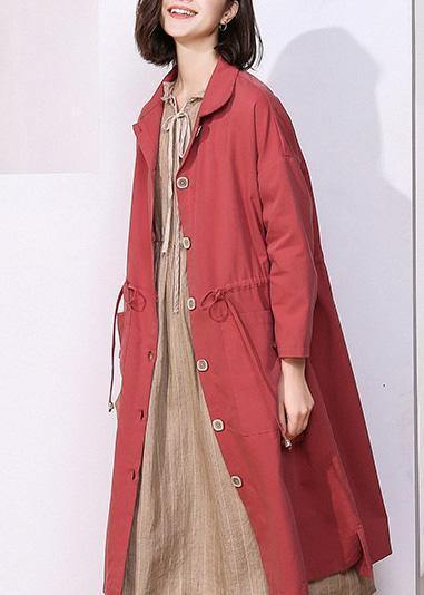 Handmade drawstring Plus Size lapel collar tunic coat red oversized outwear