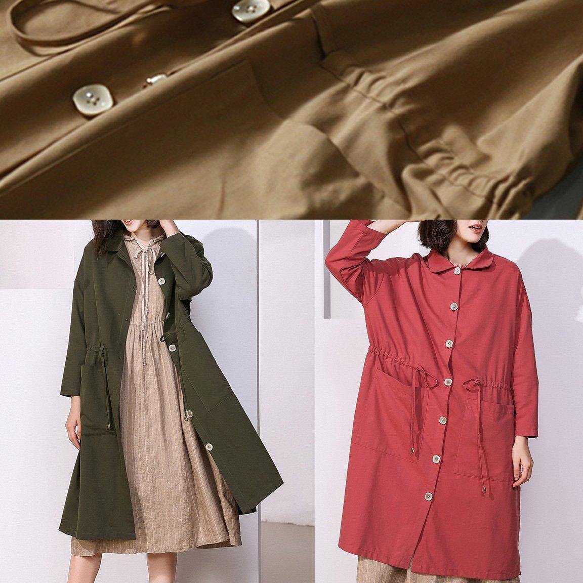 Handmade drawstring Plus Size lapel collar tunic coat red oversized outwear