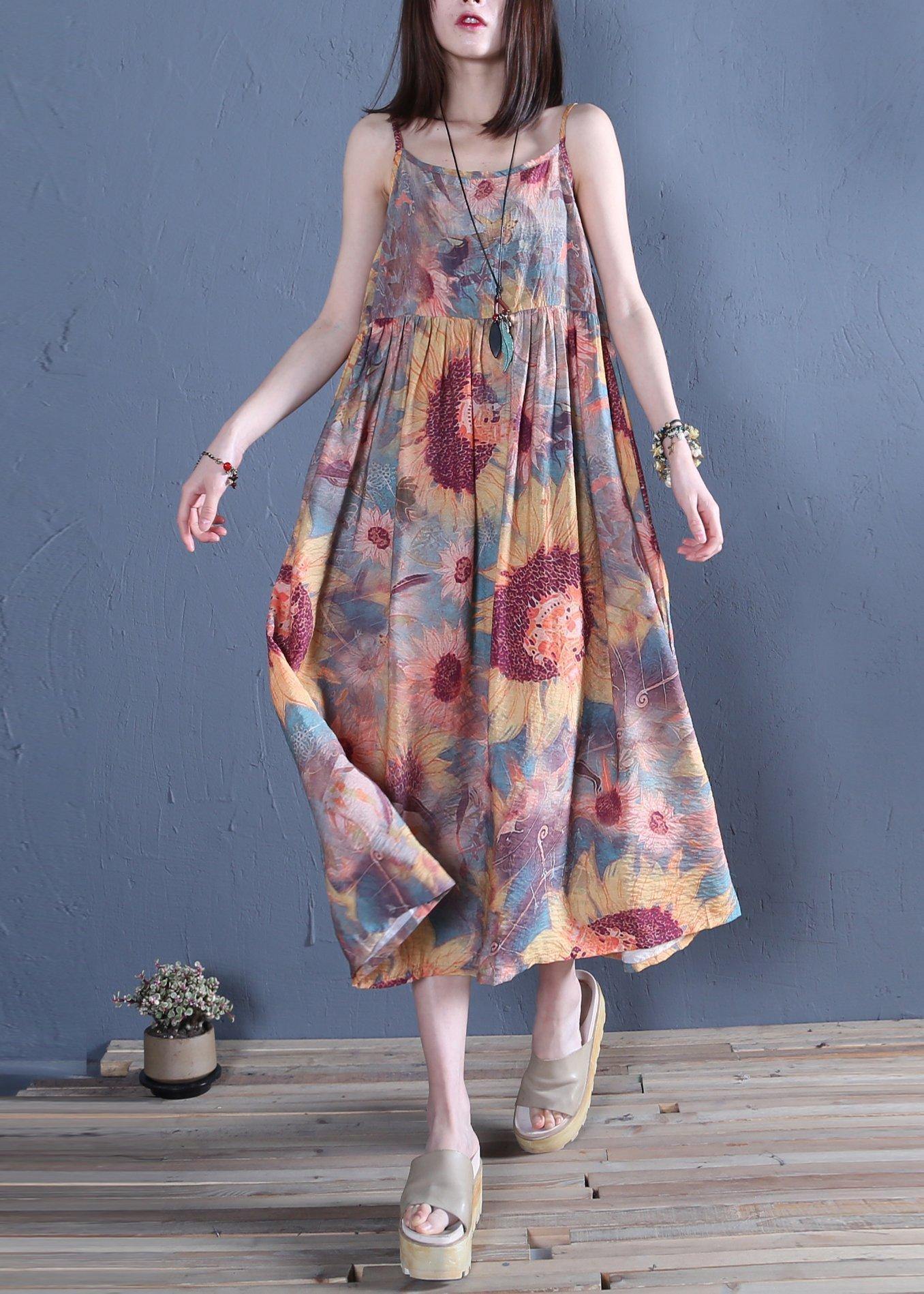 Handmade floral cotton Tunics Spaghetti Strap Cinched Traveling summer Dress