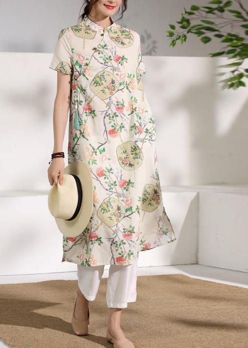 Handmade floral linen Long Shirts stand collar Button Down Midi Dresses