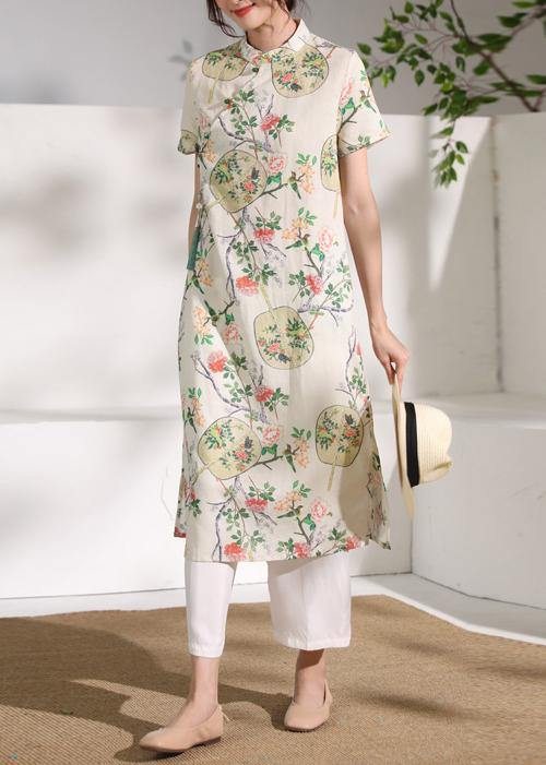 Handmade floral linen Long Shirts stand collar Button Down Midi Dresses