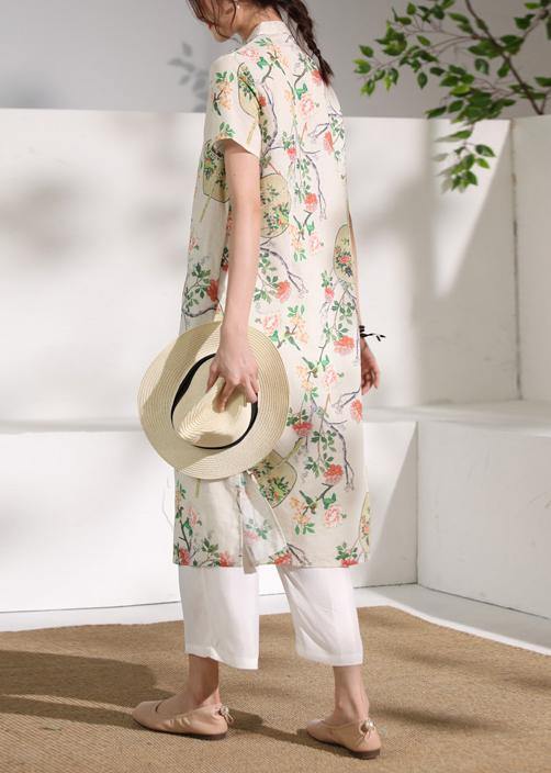 Handmade floral linen Long Shirts stand collar Button Down Midi Dresses