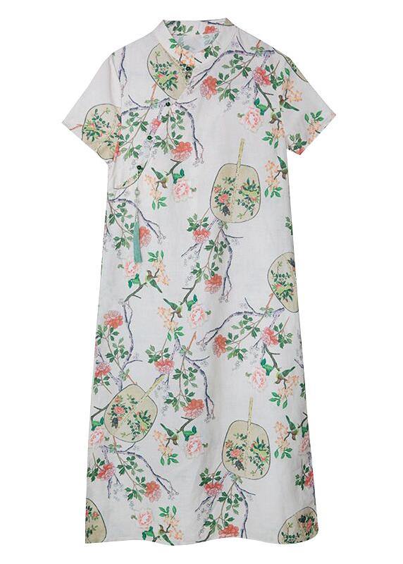 Handmade floral linen Long Shirts stand collar Button Down Midi Dresses