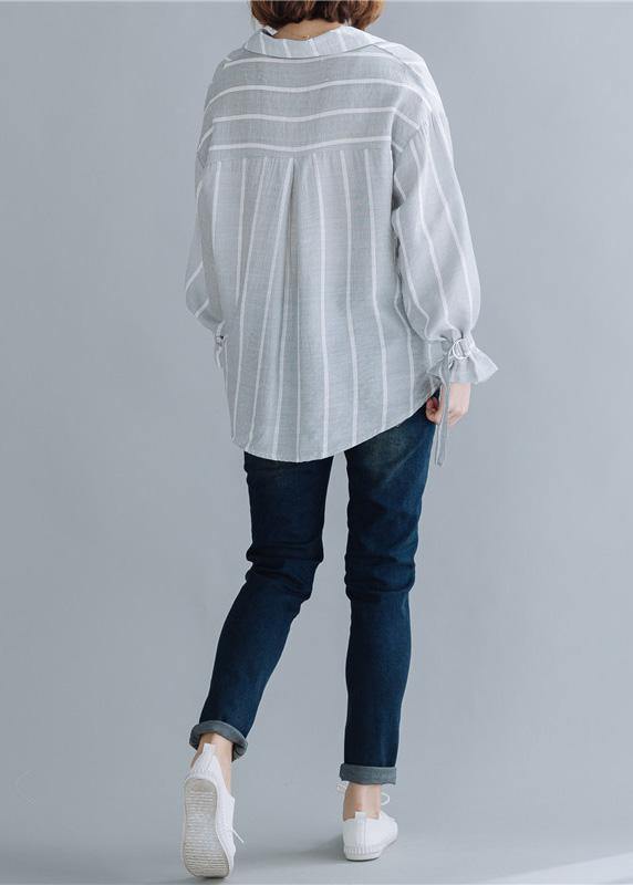 Handmade gray striped cotton Tunic lapel low high design Dresses fall blouses