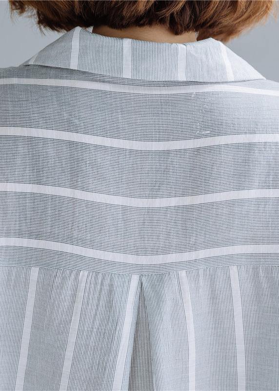 Handmade gray striped cotton Tunic lapel low high design Dresses fall blouses