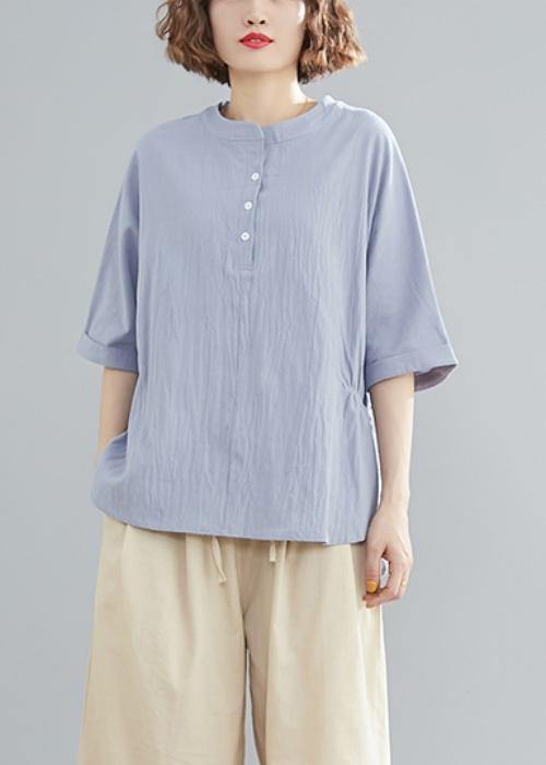 Handmade light blue linen linen tops women blouses Work Button Down elastic waist shirts