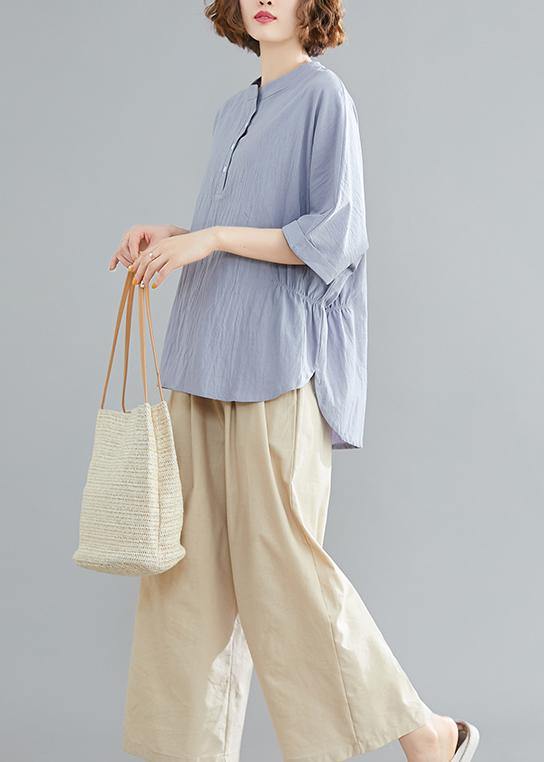 Handmade light blue linen linen tops women blouses Work Button Down elastic waist shirts