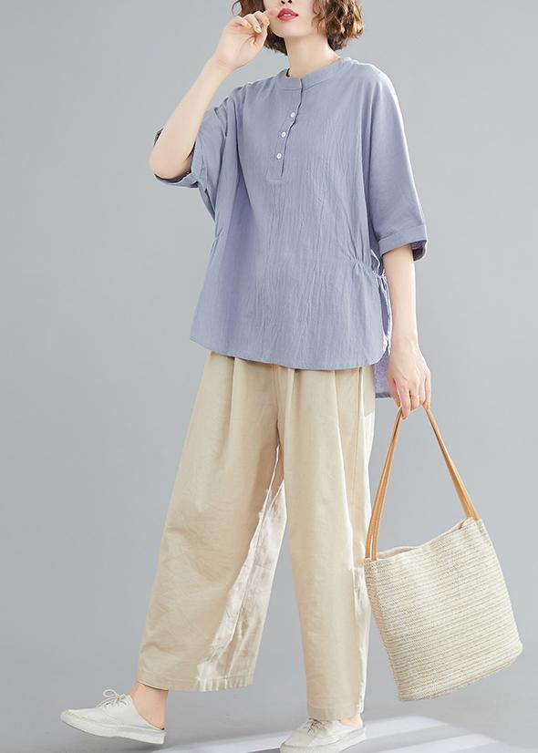 Handmade light blue linen linen tops women blouses Work Button Down elastic waist shirts