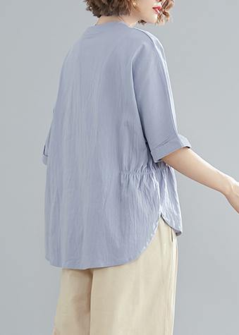 Handmade light blue linen linen tops women blouses Work Button Down elastic waist shirts