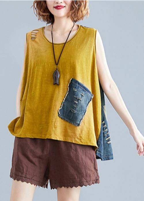 Handmade o neck cotton tops women Shape yellow patchwork denim tops