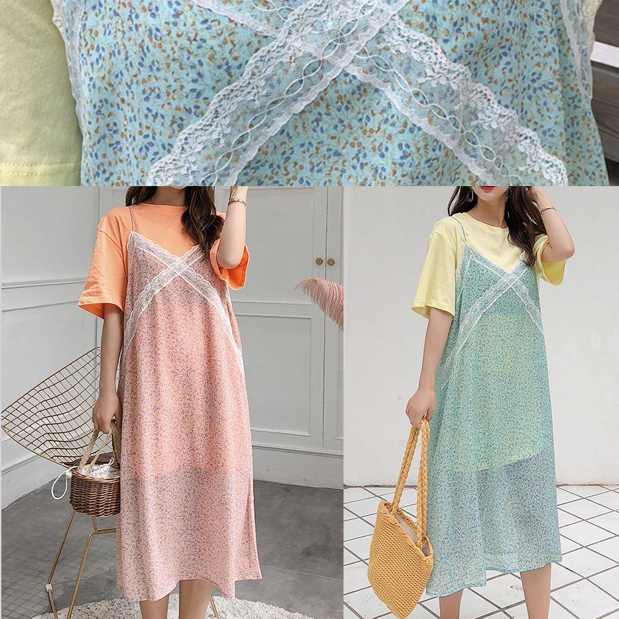 Handmade orange prints chiffon Tunics two pieces loose summer Dress