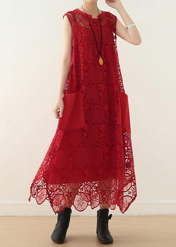 Handmade red hollow out cotton Tunics big pockets summer Dresses