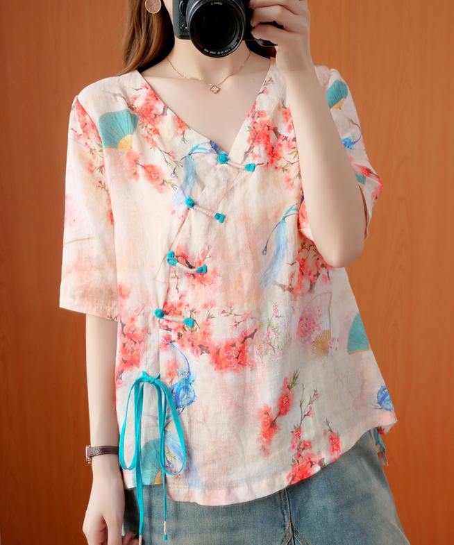 Handmade v neck half sleeve summer tops women floral shirts