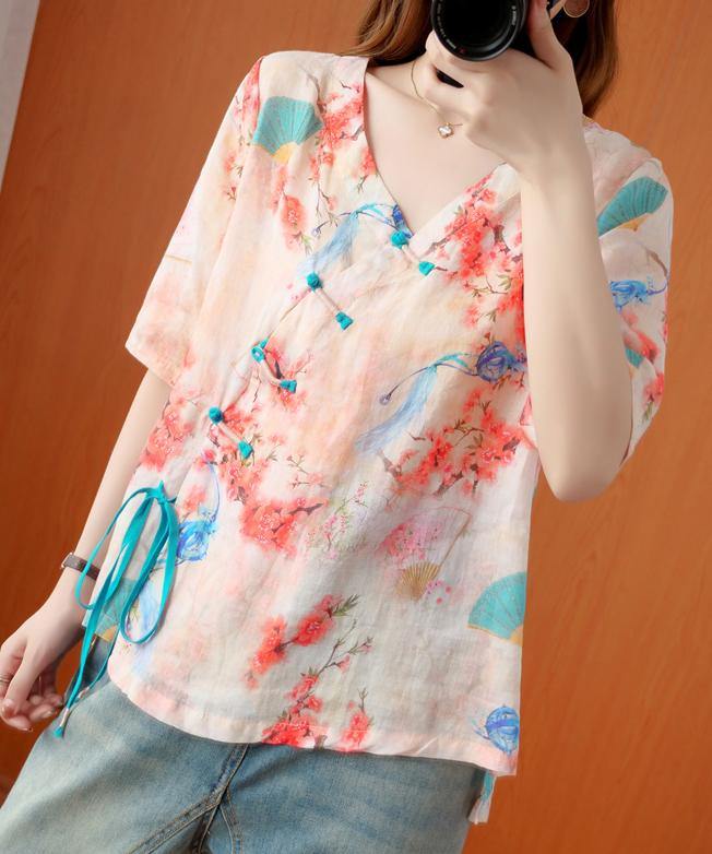 Handmade v neck half sleeve summer tops women floral shirts