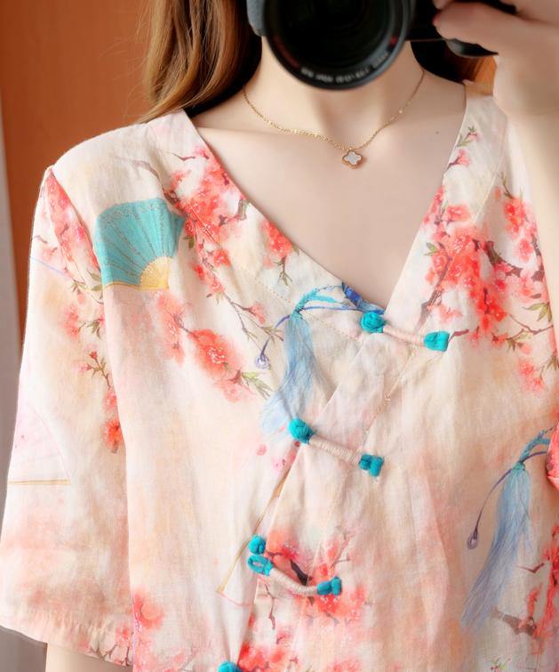 Handmade v neck half sleeve summer tops women floral shirts