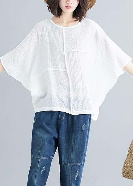 Handmade white cotton blended tunic top Casual Wardrobes o neck Batwing Sleeve patchwork baggy Summer shirt