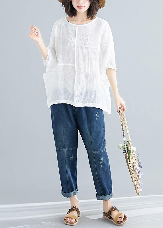 Handmade white cotton blended tunic top Casual Wardrobes o neck Batwing Sleeve patchwork baggy Summer shirt