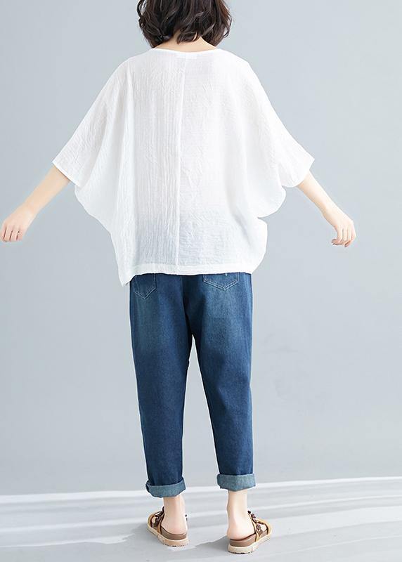 Handmade white cotton blended tunic top Casual Wardrobes o neck Batwing Sleeve patchwork baggy Summer shirt