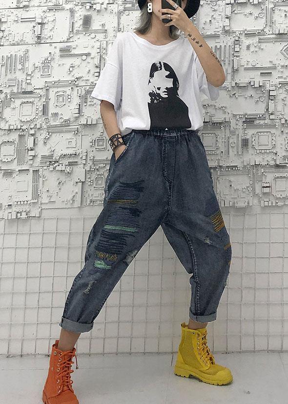 High waist summer nine points embroidery vintage broken hole carrot pants