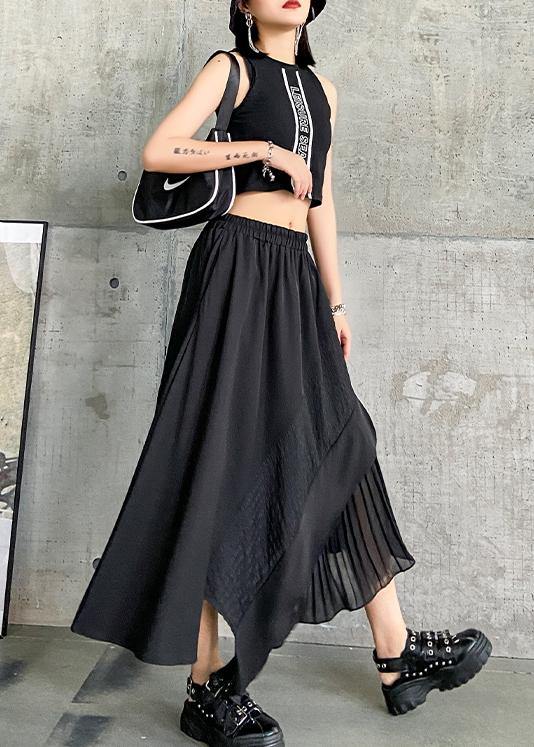 Irregular skirt a-line skirt mid-length black stitching pleated skirt