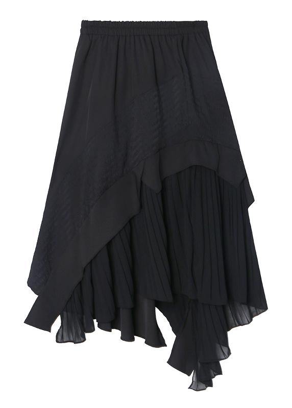 Irregular skirt a-line skirt mid-length black stitching pleated skirt